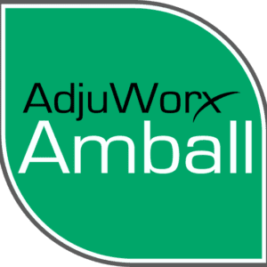 A green and white logo for adjuworx amball.