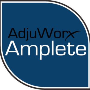 A blue and white logo for adjuworx complete.