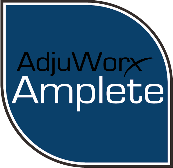A blue and white logo for adjuworx complete.