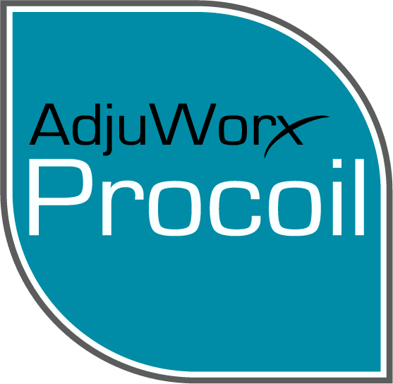 A blue and white logo for adjuworx procoil